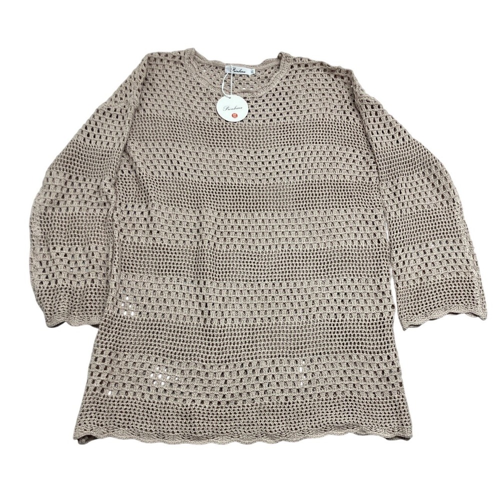 Prinbara Open Stitch Knit Crochet Red Sweater Women XL Boho Lightweight Layering